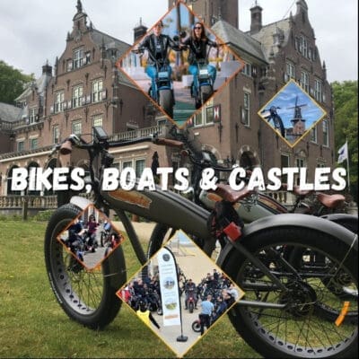 Een heerlijke tour met zo ook Bikes, Boats & Castles, een prachtige & interactieve tocht in sloepjes (heen) & stoere E-Choppers & E-Fatbikes (terug) op & langs het Spaarne. Met op de middenstip het historische ‘Oude Slot’ in Heemstede.